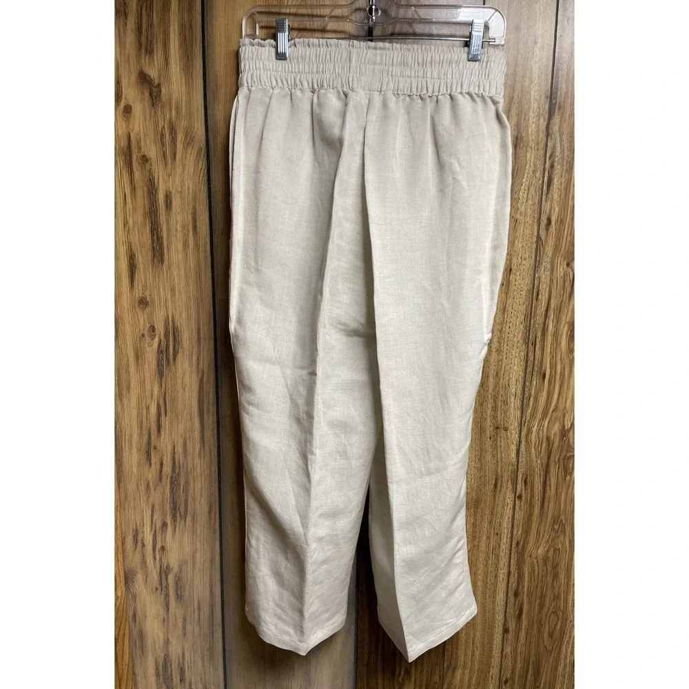 H&M Womens Tan Linen Pants‎ Wide leg pockets elastic waist size S